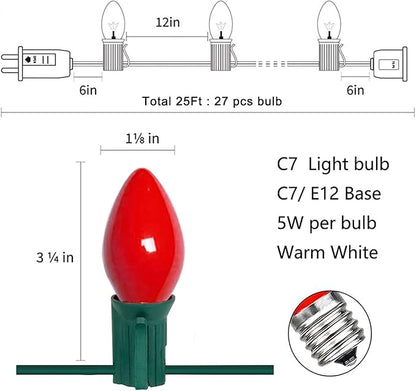 C7 Christmas Lights Outdoor, 25Ft C7 Red and White Christmas Lights with 27 Ceramic Incandescent Bulbs Vintage Christmas Light for Holiday Party Roofline Home Garden Patio Tree Decorations
