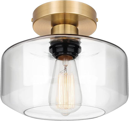 MAXvolador Industrial Semi Flush Mount Ceiling Light Gold, Clear Glass Pendant Lamp Shade, Farmhouse Lighting Hallway, Vintage Hanging Light Fixture