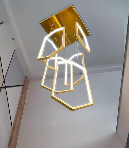 6 Rings Modern Chandelier LED Dimmable Pendant Lighting Adjust Flush Mount Ceiling Light for Foyer Lobby Living Room Staircaes Gold