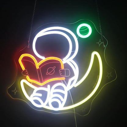 Nordstylee Astronaut Reading on Moon Neon Sign for Kids Room Study – Bookish LED Wall Art, Dimmable USB Space-Themed Decor, Unique Wall Hanging