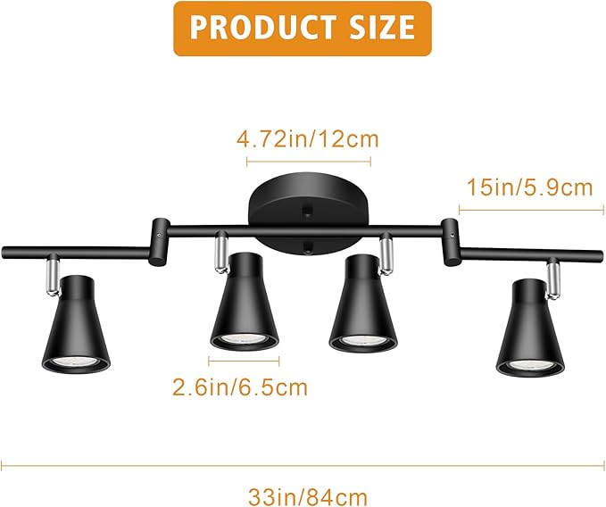 LABOREDUCER Track Lighting Fixture Ceiling, LED Flexible Track Lights with Swing Arm, 4-Light Directional Black Flush Mount Ceiling Spotlight for Kitchen, Living Room (GU10 Bulbs NOT Included)