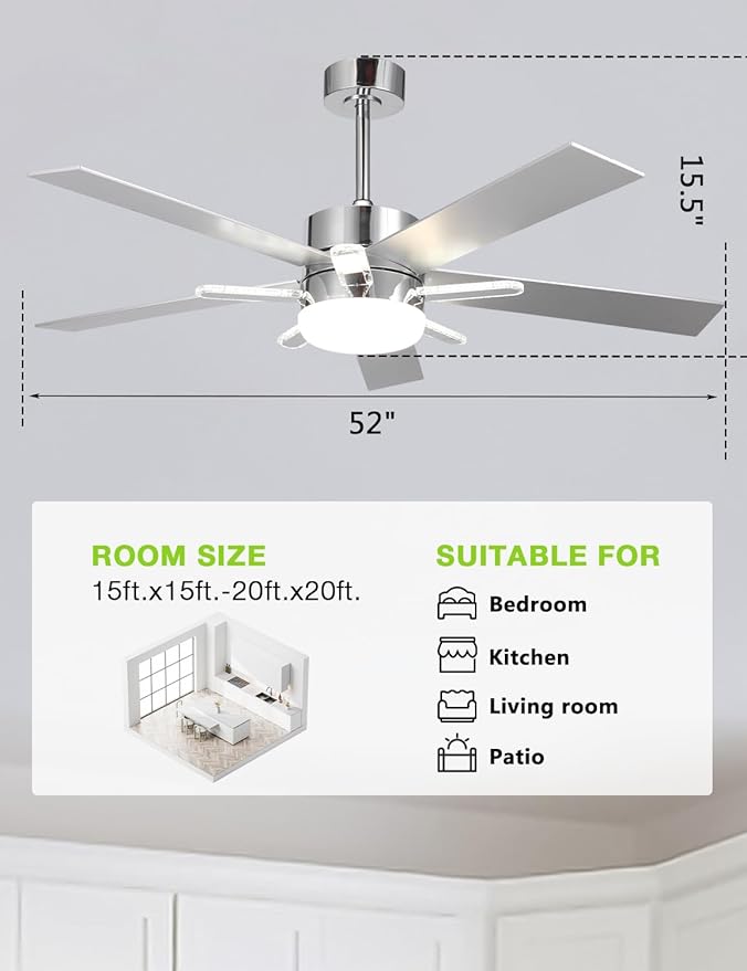 52-Inch DC Motor Ceiling Fan with LED Light and Remote, 5 Silver Plywood Blades, Reversible, Chrome Finish, 3 Color Temperatures, Dimmable Lighting, Energy Efficient Indoor Ceiling Fan