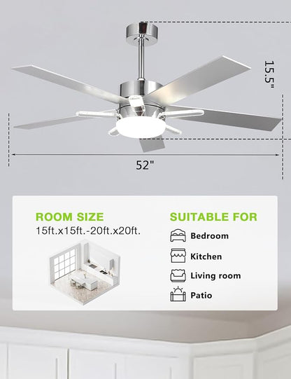52-Inch DC Motor Ceiling Fan with LED Light and Remote, 5 Silver Plywood Blades, Reversible, Chrome Finish, 3 Color Temperatures, Dimmable Lighting, Energy Efficient Indoor Ceiling Fan