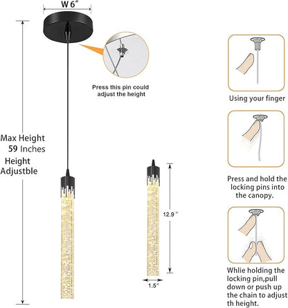 ykolupty Modern Pendant Lights Kitchen Island Black Crystal Mini Pendant Light with Dimmable LED 2700K-6000K,Bubble Crystal Chandelier Dining Room and Bar - 1 Pack