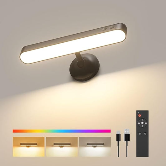 PopoIron Wall Sconce with 7500mAh Rechargeable Battery LED Wall Light for Bedroom with Remote Control, 3 Colors Wireless Wall Lamp 360° Rotation Dimmable Brightness with 15 RGB Colors,Black,1 Pack