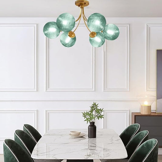 Mid Century Modern Chandeliers 6-Light Glass Gold Chandeliers Hanging Sputnik Chandelier with Green Globe Shade Vintage Ceiling Light Fixtures for Dining Room Living Room Bedroom