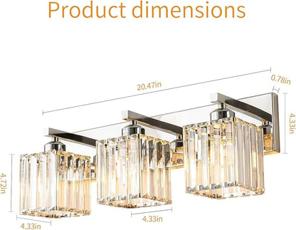 Modern Bathroom Vanity Light 3-Lights Chrome Crystal Bathroom Wall Light Vanity Light Fixtures，20.47-inch Modern Minimalist Design