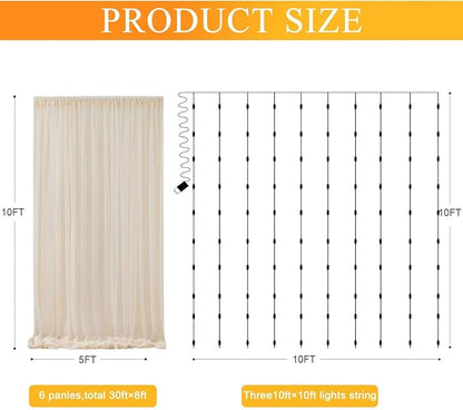 Fomcet Tulle Backdrop Curtains Champagne 30FT X 10FT Tulle Curtain with Lights String Sheer Backdrop Curtains for Parties Wedding Baby Shower Photo Shoot Decorations (6 Panels 5x10FT)