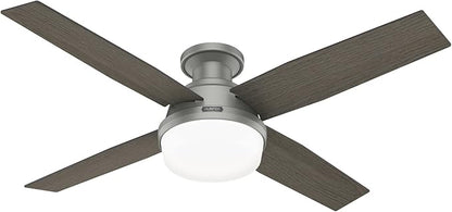 Hunter 52 inch Indoor Ceiling Fan with LED Light and Remote Control - Modern Ceiling Fan, Low Profile Mount, 4 Blades, For Bedroom, Living Room, or Kitchen, Quiet - Dempsey 51736, Matte Silver