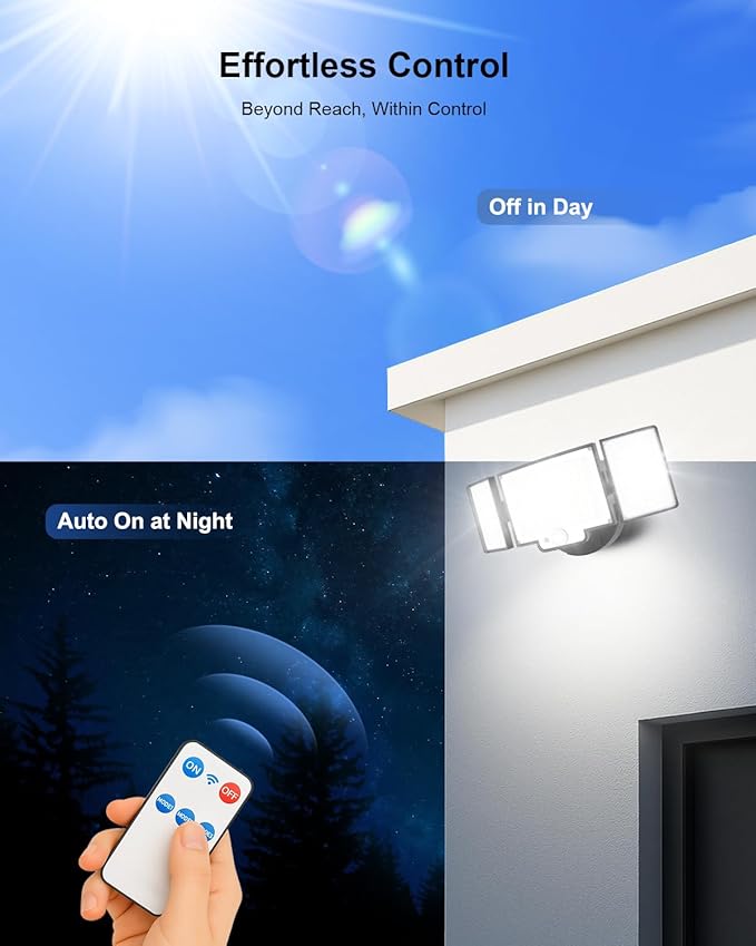 Motion Sensor Outdoor Light, 188 LED 4200LM Flood Lights Outdoor, 6500K Daylight, 3 Modes with Remote Control, IP65 Waterproof, Adjustable Heads, Hardwired 120V for Garage, Yard, Porch, 1 Pack Black