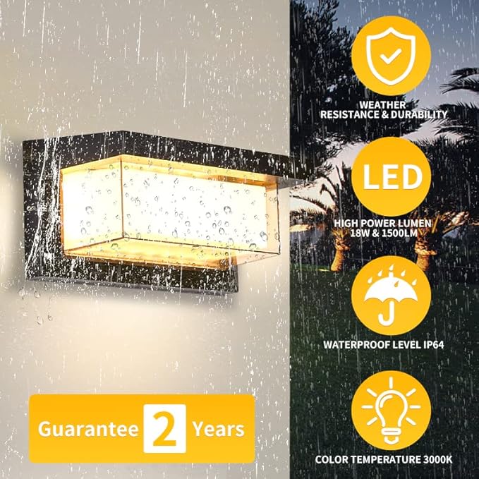 LED 18W Minimalist Horizontal Rectangular Outdoor Wall Sconce Light, Black, Warm White, IP64 Waterproof, Patio, 10.24 x 4.81 x 4.81 Inches