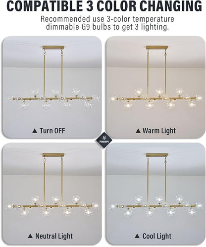 55" Long Brass Gold Chandeliers for Dining Room Kitchen Island, Large Globe Sputnik Linear Chandelier, 16 Lights Mid Century Modern Light Fixture Over Table, Clear Bubble, GC-08