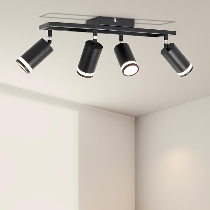 Ketom 4-Light Track Lighting Fixtures Ceiling, GU10 Black Led Ceiling Spotlight, Modern Track Light Kit for Kitchen Hallway Bedroom Living Room