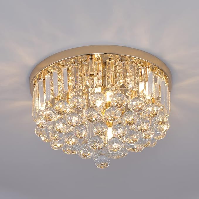 Mini Crystal Chandelier Ceiling Light,Flush Mount Modern Round K9 Crystal Raindrop Ceiling Lighting Fixture for Dining Room Bedroom Hallway Height 11''x Width 16''(French Gold)