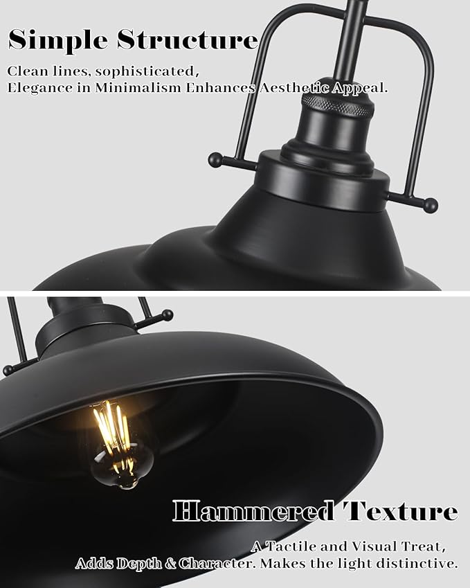 Black Pendant Light,16 Inch Large Industrial Pendant Lights, Matte Black Pendant Lights Kitchen Island, Vintage Farmhouse Pendant Light for Kitchen Island, Dining Room, Hallway (1 Pack)