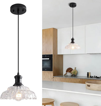 Vintage Pendant Light Kitchen Island, Black Pendant Light Fixture with Flower Clear Glass Shade, Antique Pendant Lamp for Dining Room, Living Room, Bedroom, Kitchen Island Sink