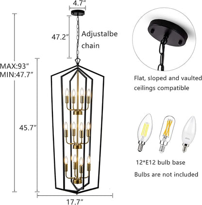 Lanhall 12-Light Lantern Tired Foyer Entryway Hanging Lights Farmhouse High Ceiling Pendant Lights Industrial Chandelier for Hall Foyer Entryway Living Room-Brushed Brass