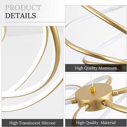 Gold Modern Chandelier with Remote Control, 48W 3-Color Temperature Dimmable LED Chandelier for Dining Room, Hanging Adjustable Pendant Light for Living Room Kitchen Foyer Entryway