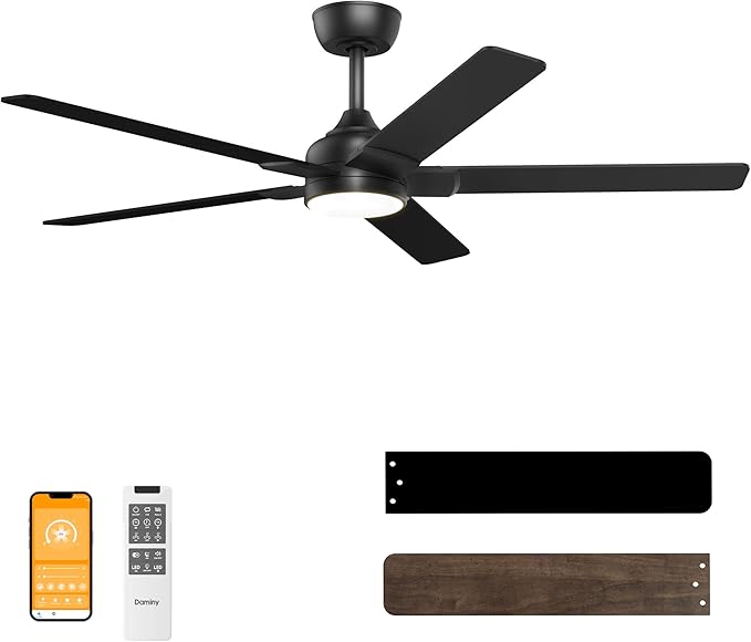 DAMINY 52 inch Black Ceiling Fans with Lights,5 Blades,6CCT, Low Profile,Remote Control,for Bedroom, Kitchen,Living Room,Indoor/Outdoor Use,Downrod