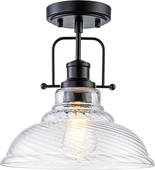 WILON Flush Mount Ceiling Light, Black Farmhouse Ceiling Light with Striped Clear Glass Shade, Light Fixtures for Dining Room Ceiling, Semi Flush Mount Ceiling Lights for Kitchen Entryway