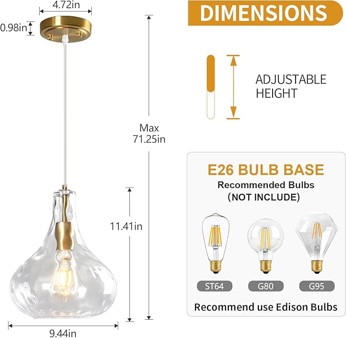 Modern Glass Pendant Light 9.44 in Clear Hammered Glass Shade Gold Farmhouse Island Pendant Lights for Kitchen Pendant Lighting Over Sink Bedroom Dining Room (1 Pack)