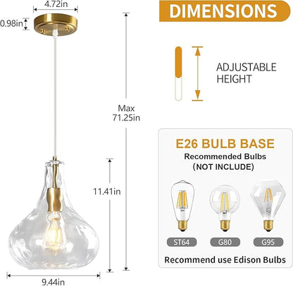 Modern Glass Pendant Light 9.44 in Clear Hammered Glass Shade Gold Farmhouse Island Pendant Lights for Kitchen Pendant Lighting Over Sink Bedroom Dining Room (1 Pack)