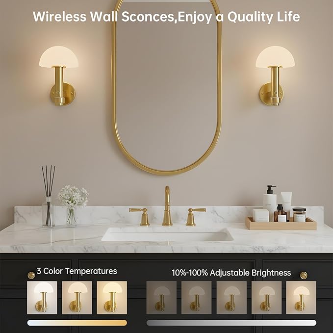 Wireless Wall Sconce Set of 2 for Bedroom Living Room, Battery Operated Wall Sconce Decor Light with Remote & 5000mAh Rechargeable, Gold Mushroom Wall Lamps for Hallway Bathroom Vanity