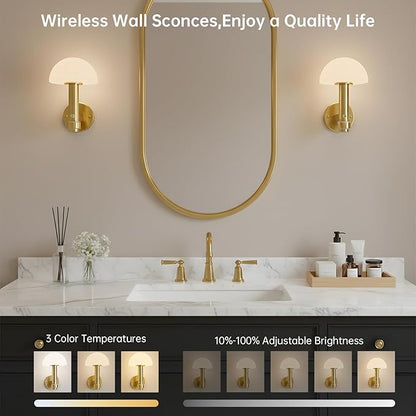 Wireless Wall Sconce Set of 2 for Bedroom Living Room, Battery Operated Wall Sconce Decor Light with Remote & 5000mAh Rechargeable, Gold Mushroom Wall Lamps for Hallway Bathroom Vanity