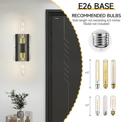 19" Black and Gold Wall Sconce,Modern Bathroom Light Fixtures,2-Light Vanity Lights for Mirror,Indoor Wall Lamp Wall Mount Hardwired Light for Bedroom with Clear Glass,E26 Base,1 Pack