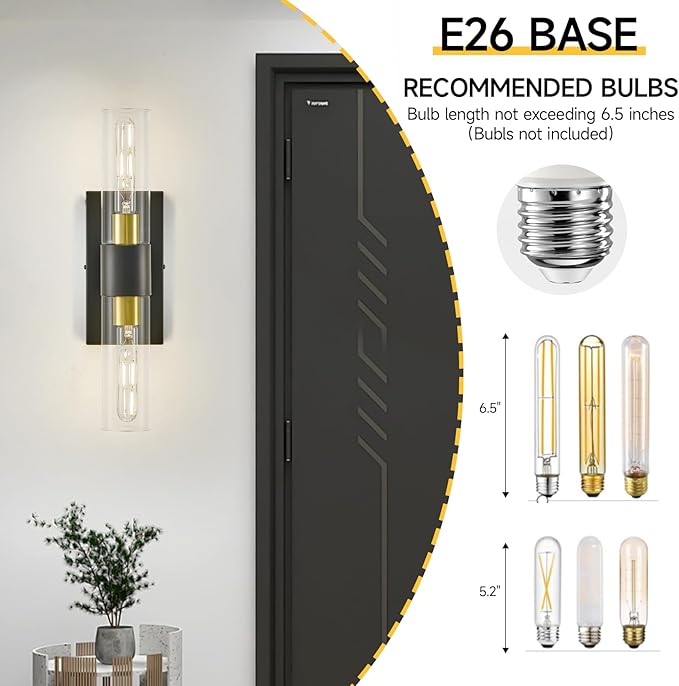 19" Black and Gold Wall Sconces Set of Two,Modern Bathroom Light Fixtures,2-Light Vanity Lights for Mirror,Indoor Wall Lamp Wall Mount Hardwired Light for Bedroom with Clear Glass E26 Base