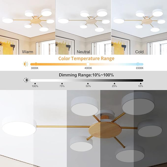 6-Lights LED Ceiling Lighting 41 Inch Modern Ceiling Lights Flush Mount Recessed Lighting Ceiling Light 48W Dimmable Living Room Bedroom Kitchen, 3000K-6000K White