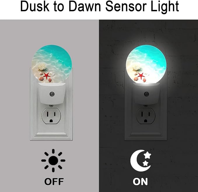 Beach Seashell Starfish Plug in Night Light Auto Light Round Lamps Energy Saving Gift for Women Men Friends