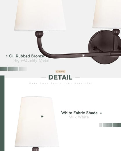 Bathroom Light Fixtures, 3-Light Oil Rubbed Bronze Vanity Lights with Flared White Fabric Shade, Vintage Sconces Wall Lighting for Hallway Bedroom, VL837-ORB-3