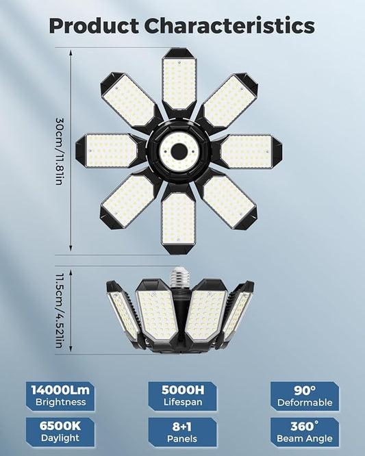 Adiding LED Garage Ceiling Lights 56000Lm 4 Pack w/ 8 Adjustable Panels, Super Bright Deformable Basement Lighting Fixture Screw in E26 Bulb Socket for Indoor Workshop, Attic, Storage, Bay, Home Gym