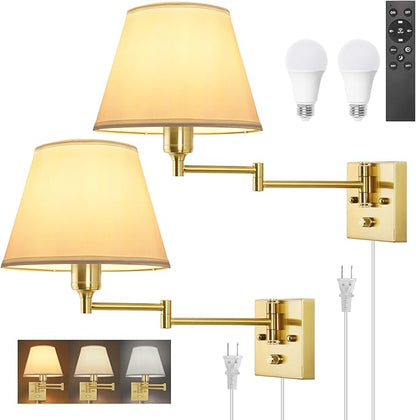 TRLIFE Dimmable Wall Sconce, Remote Control Dimming 10-100% and Adjustable Color Temperature 2700K-6500K Brushed Brass Swing Arm Wall Lights with Plug in Cord, 9.4" Medium White Shade(2 Pack, 2 Bulbs)