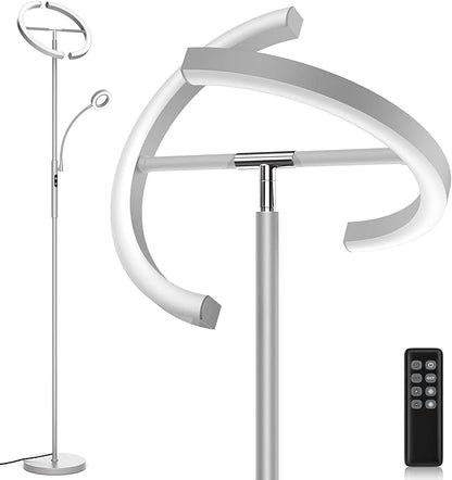 SIBRILLE 2-in-1 Dimmable Floor Lamp with Reading Light - Rotatable Standing Lamp with Remote&Touch Control, Stepless Color Brightness Adustable, Modern Lamp for Living Room Bedroom Office, Silver