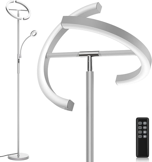 SIBRILLE 2-in-1 Dimmable Floor Lamp with Reading Light - Rotatable Standing Lamp with Remote&Touch Control, Stepless Color Brightness Adustable, Modern Lamp for Living Room Bedroom Office, Silver
