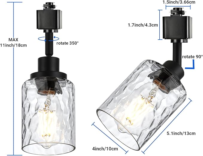 4 Pack H Track Lighting Heads Black Track Lighting Fixtures with Clear Hammered/Water Ripples Glass, H Type Track Lighting Replacement Heads Ceilig Spotlight for Kitchen Accent Retail E26 Base