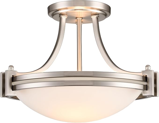 Modern 2-Light Semi Flush Mount Ceiling Light Brushed Nickel 12-Inch Milk Glass Light Fixtures Ceiling Mount for Bedroom Hallway Staircase Kitchen