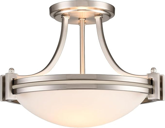 Modern 2-Light Semi Flush Mount Ceiling Light Brushed Nickel 12-Inch Milk Glass Light Fixtures Ceiling Mount for Bedroom Hallway Staircase Kitchen