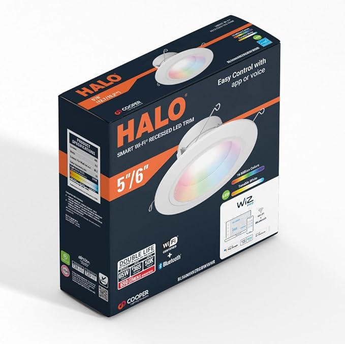 HALO 5/6 in Smart Wi-Fi Recessed LED Downlight Connected by WiZ Pro with SpaceSense Motion Detection, Dimmable, Full Color Changing, 600 Lumens, Wet Rated Ceiling Light - RL56069WZRGBWWHR