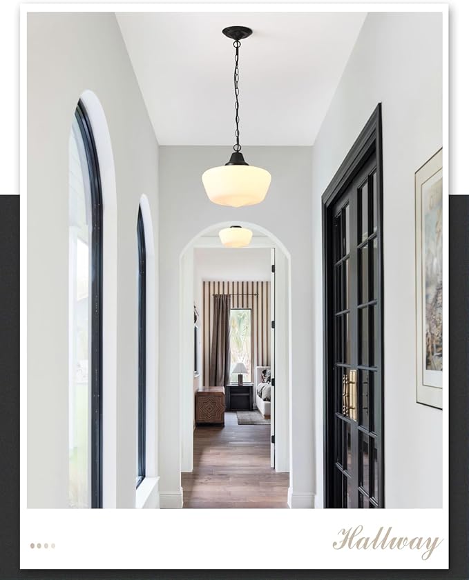 Schoolhouse Pendant Fixture, 12 Inch Black Finish with Milk Glass Adjustable Mid Century Ceiling Pendant Lighting, Pendant Light Fixtures for Kitchen Hallway Entrywa Dining Room