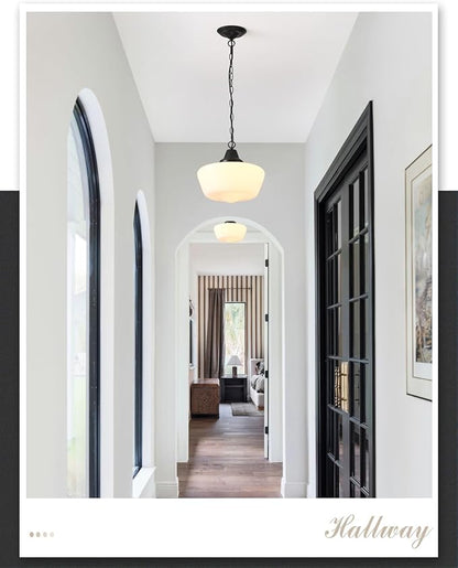 Schoolhouse Pendant Fixture, 12 Inch Black Finish with Milk Glass Adjustable Mid Century Ceiling Pendant Lighting, Pendant Light Fixtures for Kitchen Hallway Entrywa Dining Room