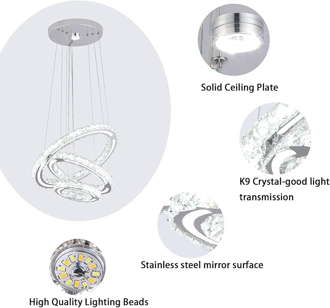 FRIXCHUR LED Crystal Ring Chandelier, Modern 3 Ring Chandelier Light Fixture, Adjustable Hanging Pendant Light for Dining Room Living Room Bedroom, Cool White