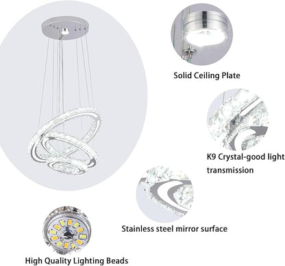 FRIXCHUR LED Crystal Ring Chandelier, Modern 3 Ring Chandelier Light Fixture, Adjustable Hanging Pendant Light for Dining Room Living Room Bedroom, Cool White