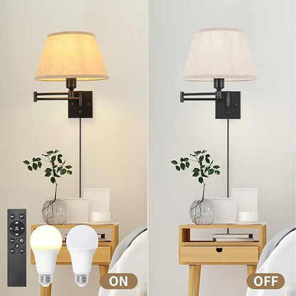 TRLIFE Wall Sconce Plug in, Remote Control Dimming 10-100% and Adjustable Color Temperature 2700K-6500K Swing Arm Wall Lights with Plug in Cord, 11.8" Large Beige Fabric Shade(2 Pack, 2 Bulbs)