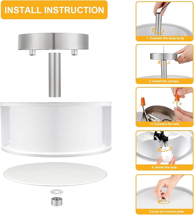 FOLKSMATE 3-Light Semi Flush Mount Ceiling Light Fixture, 14 Inch Drum Light with Double Fabric Shade, Modern Close to Ceiling Lamps for Dining Room Kitchen