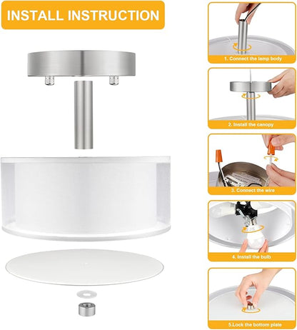 FOLKSMATE 3-Light Semi Flush Mount Ceiling Light Fixture, 14 Inch Drum Light with Double Fabric Shade, Modern Close to Ceiling Lamps for Dining Room Kitchen