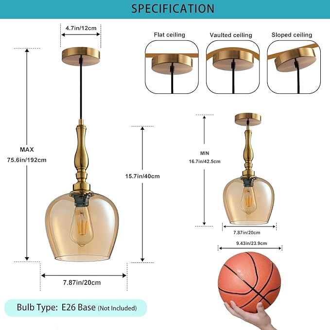 Modern Pendant Light Kitchen Island, Boho Chandelier, 7.87" Bell Shape Hanging Lamp Ceiling Lighting Fixture with Glass Lampshade (Amber)