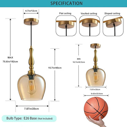 Modern Pendant Light Kitchen Island, Boho Chandelier, 7.87" Bell Shape Hanging Lamp Ceiling Lighting Fixture with Glass Lampshade (Amber)
